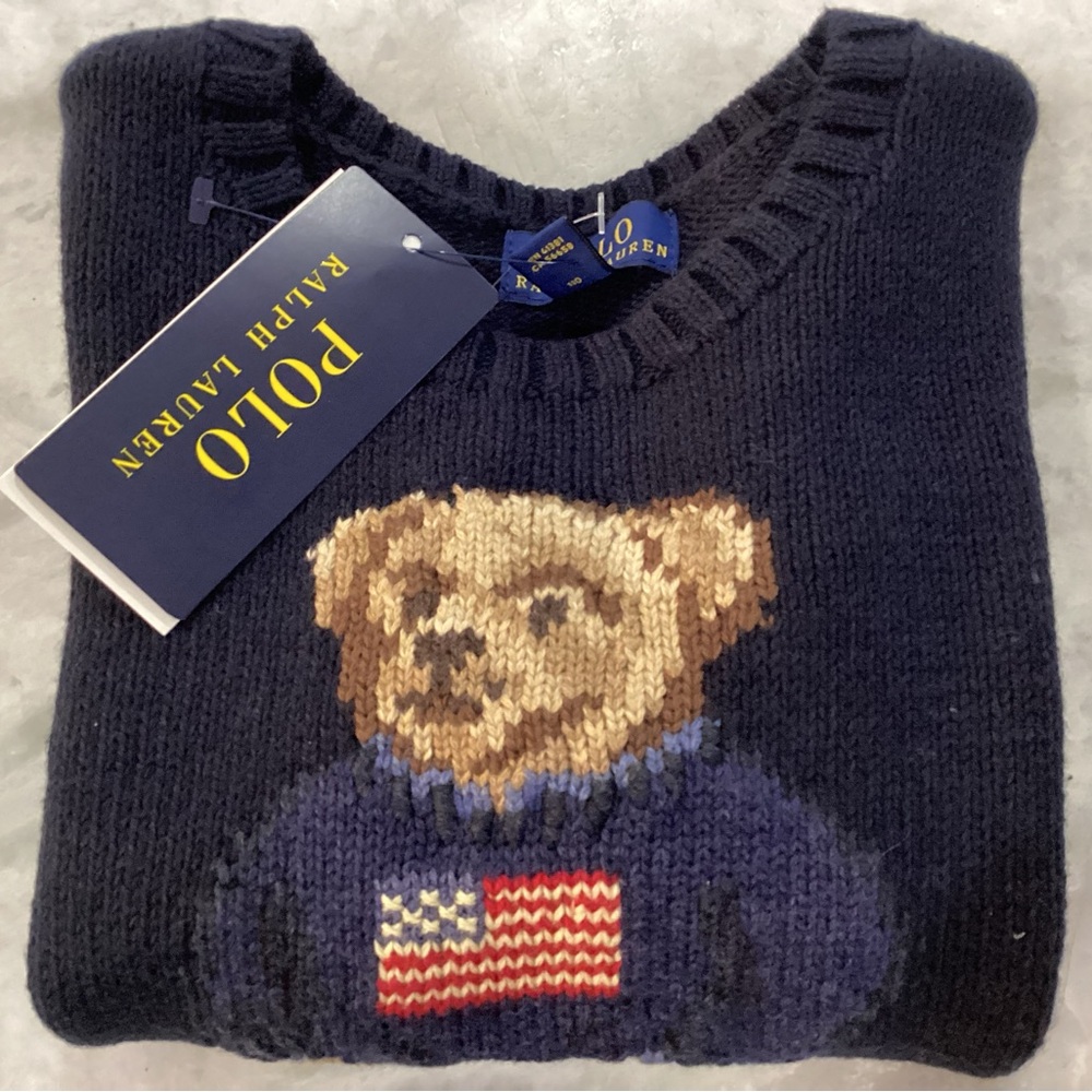 Boys navy teddy bear polo Ralph Lauren sweater NWT